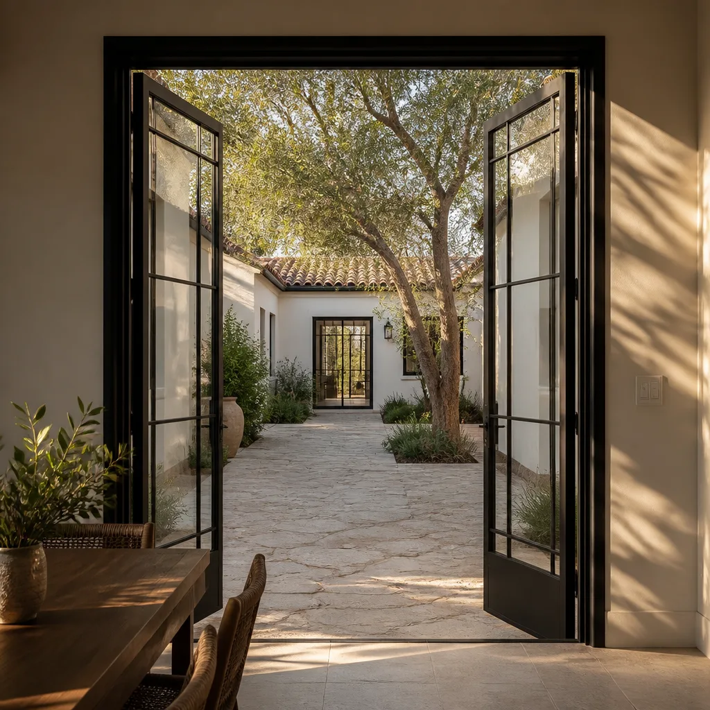 Black-framed French doors opening to a sunlit stone courtyard nationwide