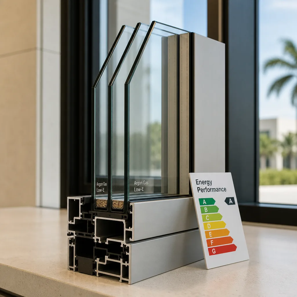 Cross-section of high-efficiency triple-pane window with A-rated energy label nationwide