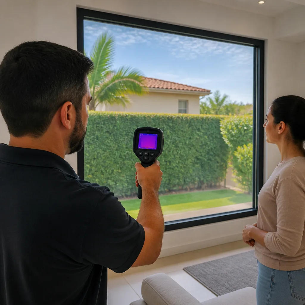 Technician using thermal camera to inspect energy-efficient window installation nationwide