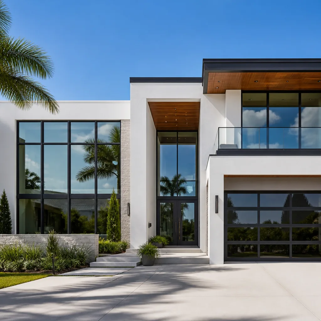 Modern residential home featuring high-quality impact resistant glass garage doors. nationwide