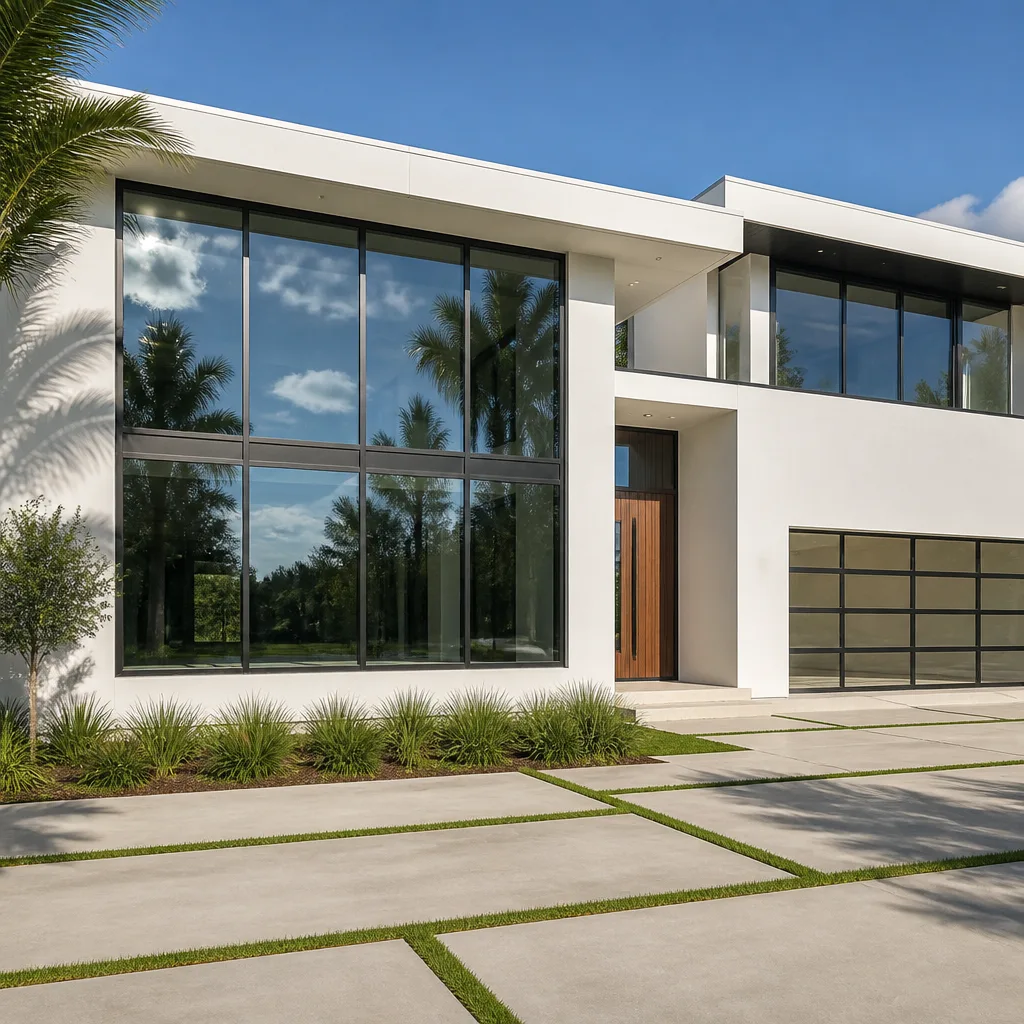 Modern luxury home exterior with impact garage doors and large windows nationwide
