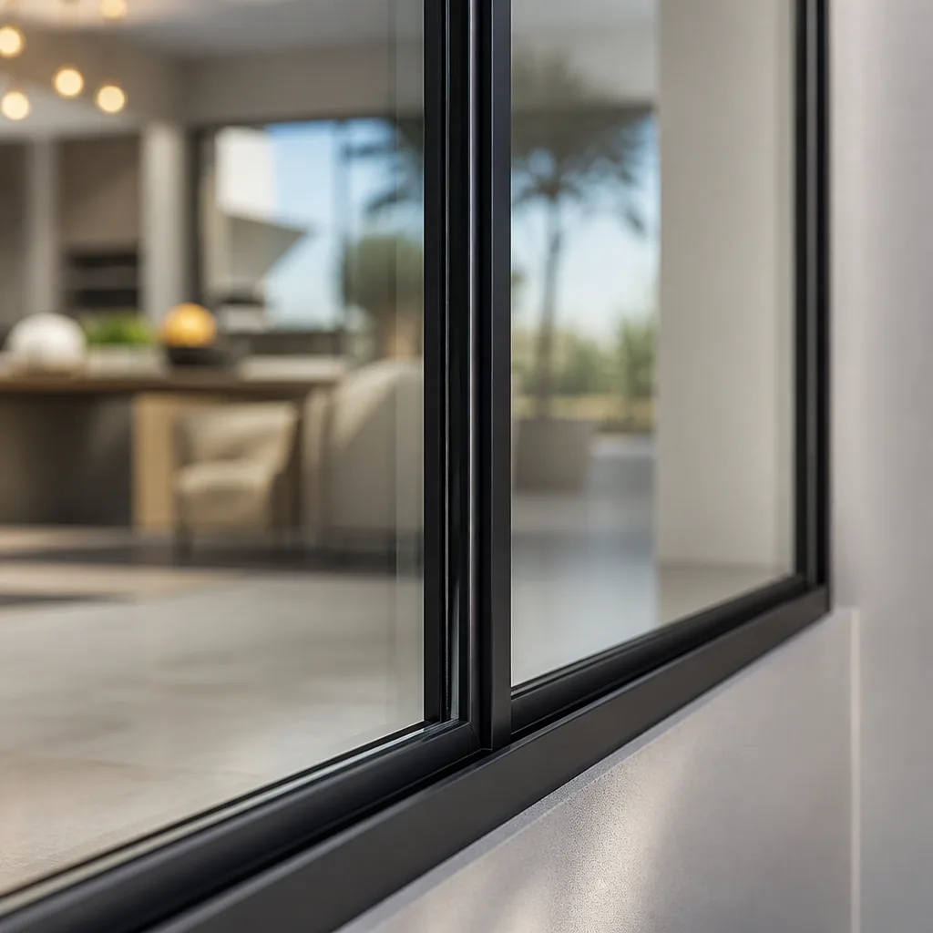 Modern aluminum window frame with blurred interior background in Hialeah, FL