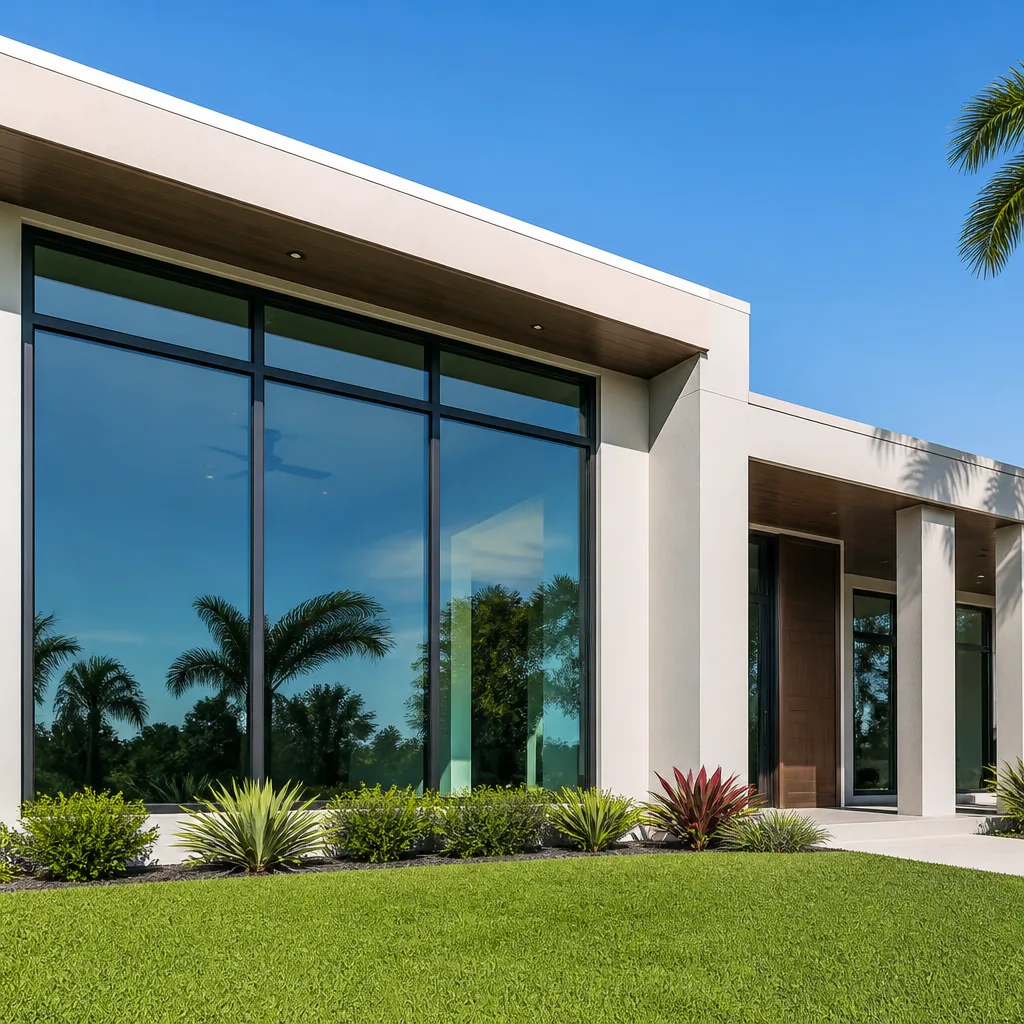 Modern home exterior with large glass windows and contemporary door design in Miami Beach, FL