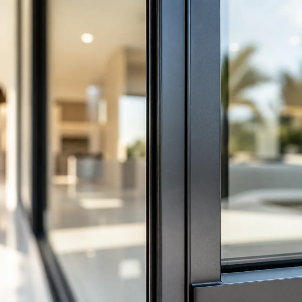 Modern black window frame detail with blurred interior view nationwide