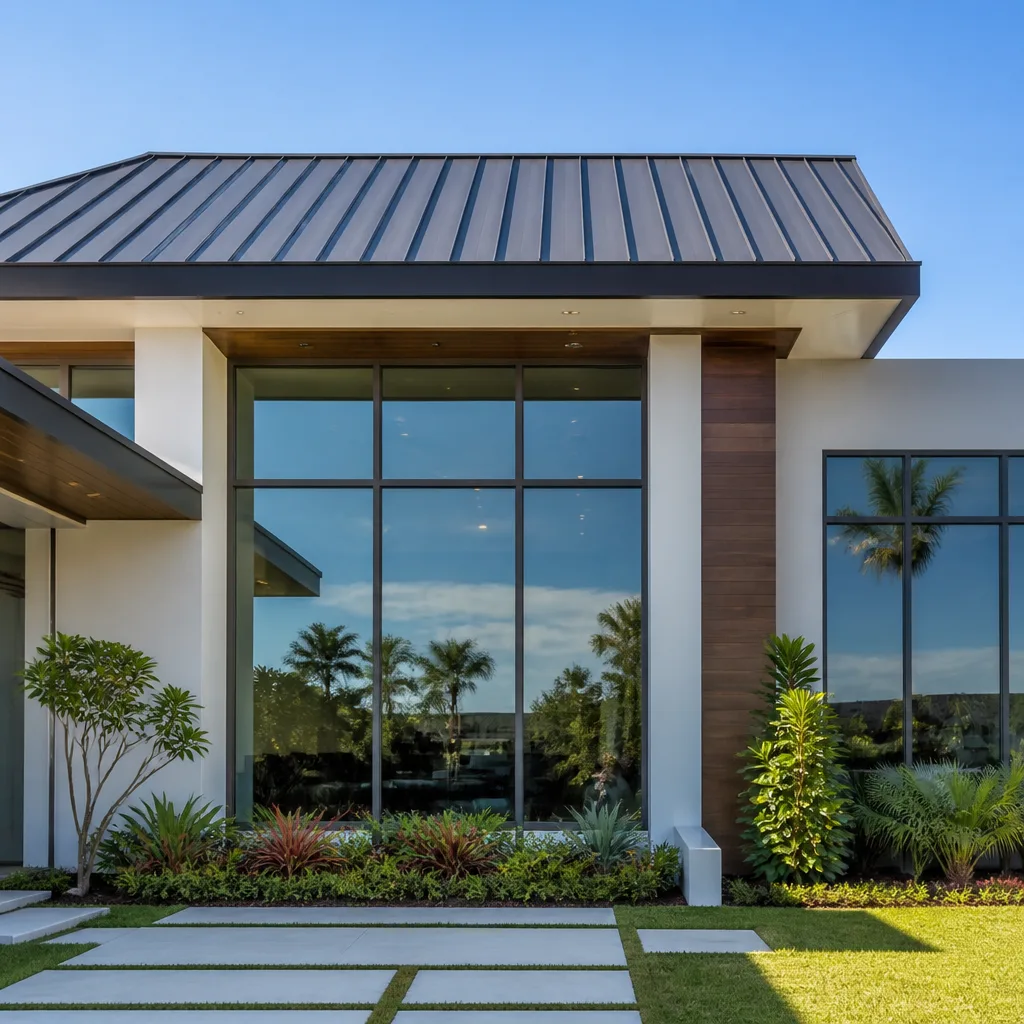 Modern home exterior with a high-quality standing seam metal roof. in Miami, FL