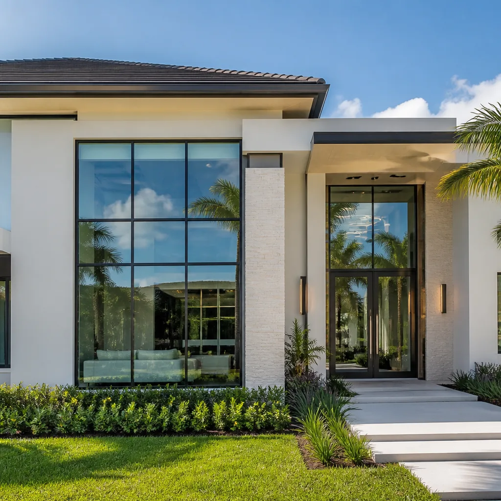 Modern home with large sliding glass doors and shingled roof exterior nationwide