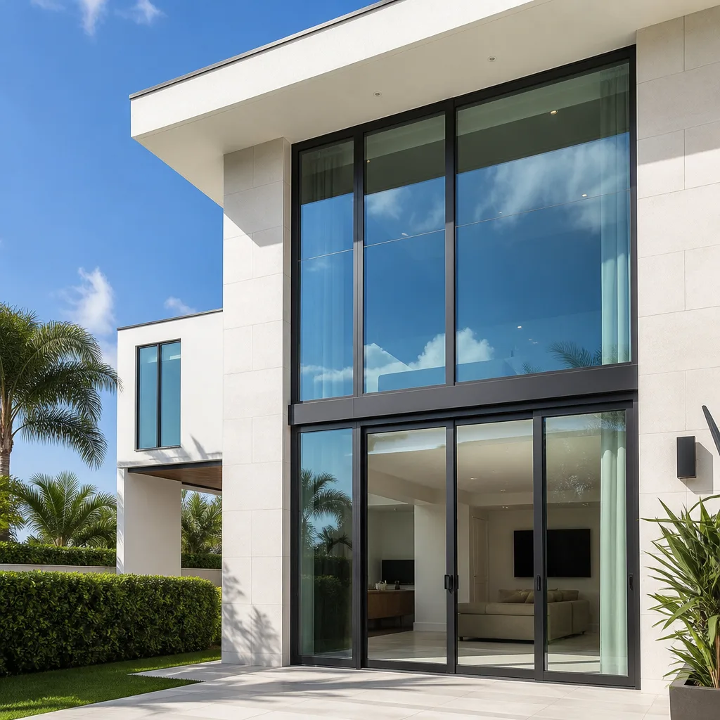 Modern luxury home exterior with large dark frame sliding glass patio doors nationwide