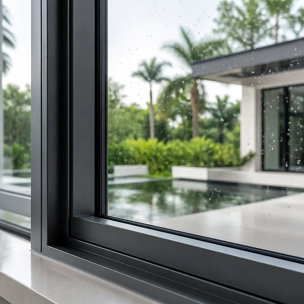 Modern black framed window installation overlooking a tropical backyard pool. in Hialeah, FL
